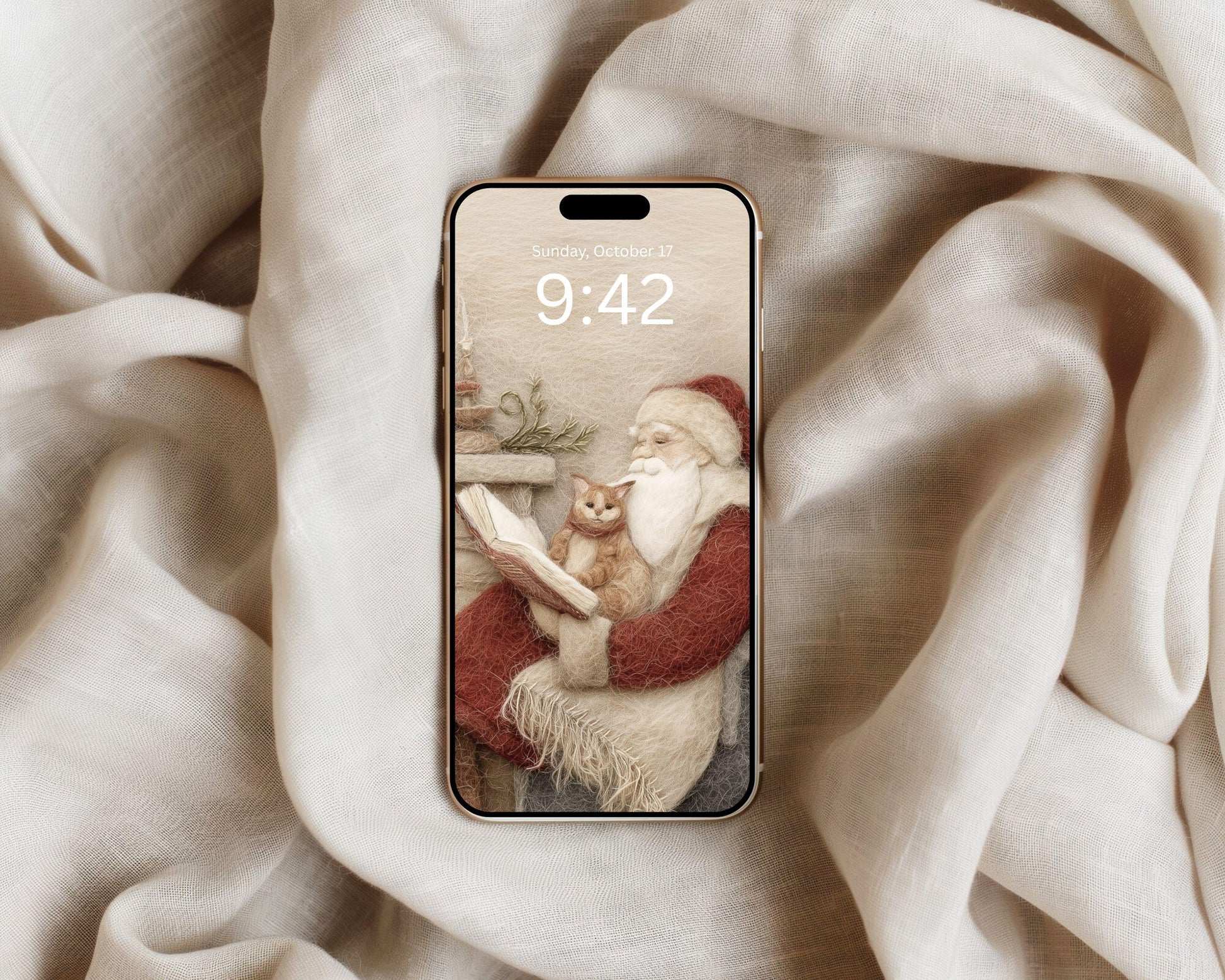 Santa Reading Phone Wallpaper, Christmas iPhone Wallpaper, Cute Felt Style Winter Samsung Galaxy Phone Background | WP137