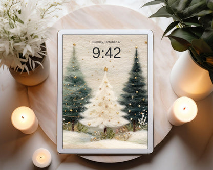 Christmas Trees iPad Wallpaper, Felt Style iPad Background, Cute Aesthetic Tablet Wallpaper | WT132