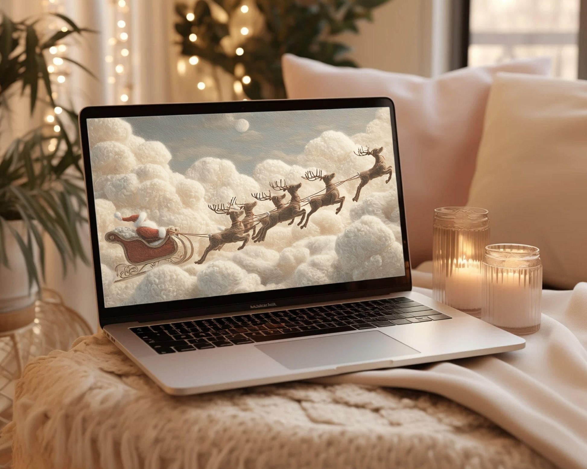Santa’s Sleigh Ride Desktop Wallpaper, Christmas Macbook Wallpaper, Cute Felt Style Reindeer Laptop Background | WD136