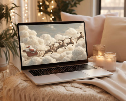 Santa’s Sleigh Ride Desktop Wallpaper, Christmas Macbook Wallpaper, Cute Felt Style Reindeer Laptop Background | WD136