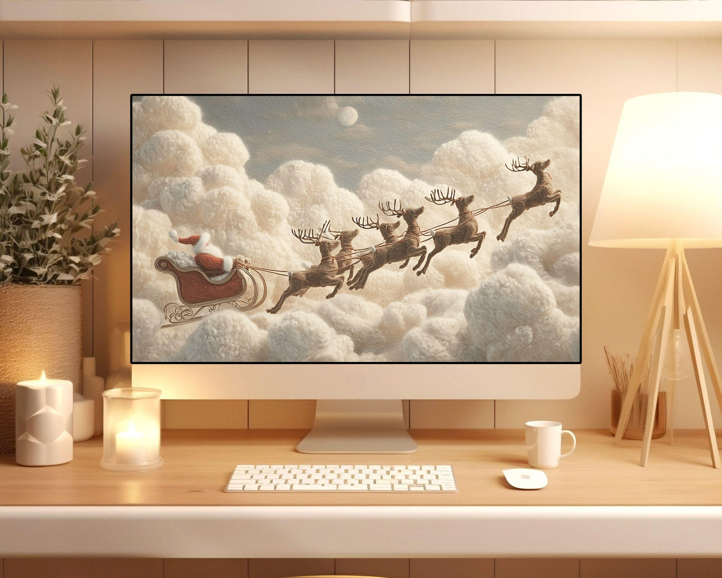 Santa’s Sleigh Ride Desktop Wallpaper, Christmas Macbook Wallpaper, Cute Felt Style Reindeer Laptop Background | WD136