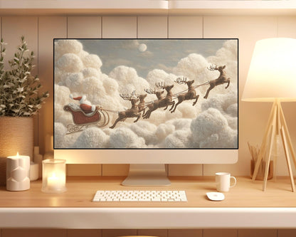 Santa’s Sleigh Ride Desktop Wallpaper, Christmas Macbook Wallpaper, Cute Felt Style Reindeer Laptop Background | WD136