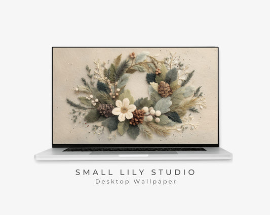 Christmas Wreath Desktop Wallpaper, Festive Botanical Macbook Wallpaper, Cute Felt Style Holidays Laptop Background | WD138