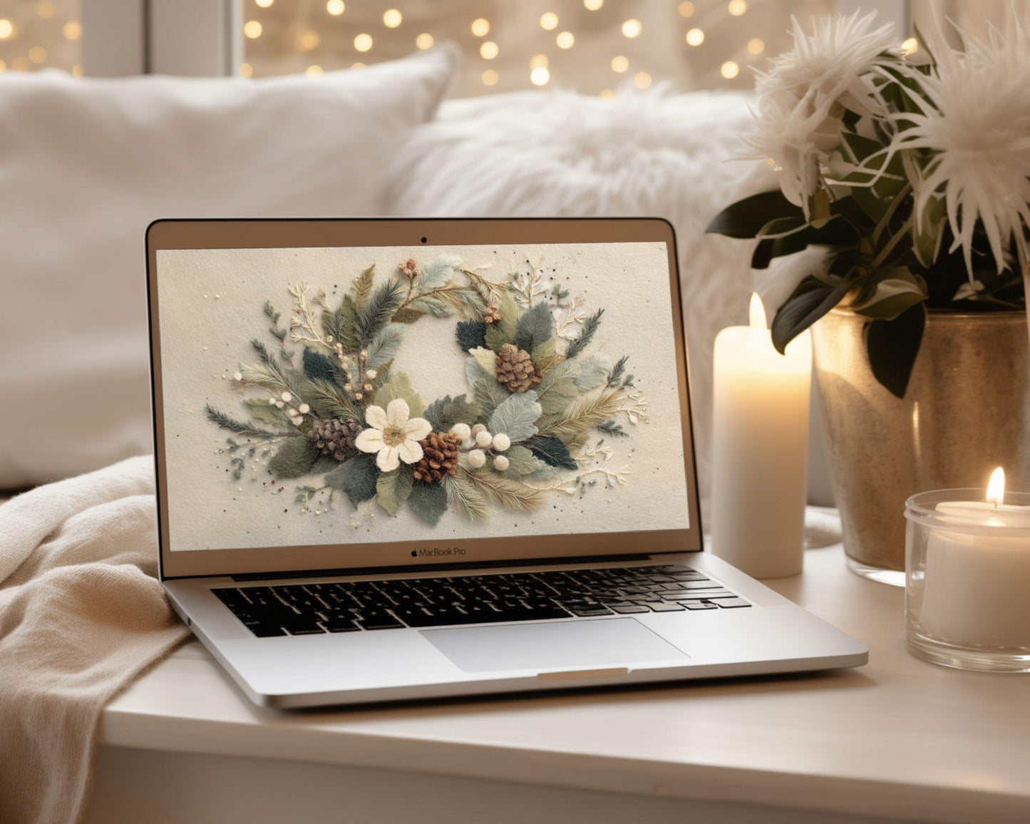 Christmas Wreath Desktop Wallpaper, Festive Botanical Macbook Wallpaper, Cute Felt Style Holidays Laptop Background | WD138