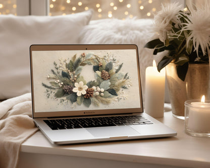Christmas Wreath Desktop Wallpaper, Festive Botanical Macbook Wallpaper, Cute Felt Style Holidays Laptop Background | WD138