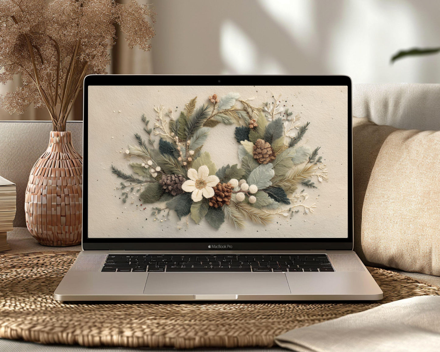 Christmas Wreath Desktop Wallpaper, Festive Botanical Macbook Wallpaper, Cute Felt Style Holidays Laptop Background | WD138