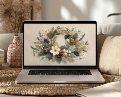 Christmas Wreath Desktop Wallpaper, Festive Botanical Macbook Wallpaper, Cute Felt Style Holidays Laptop Background | WD138