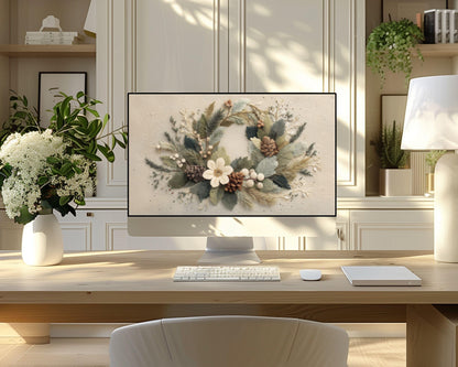 Christmas Wreath Desktop Wallpaper, Festive Botanical Macbook Wallpaper, Cute Felt Style Holidays Laptop Background | WD138