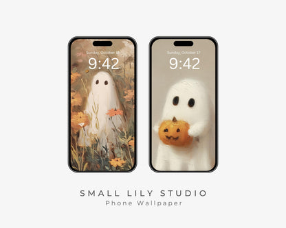Halloween Phone Wallpaper Set of 2, Cute Ghost iPhone Wallpapers, Spooky Samsung Galaxy Phone Background, Vintage Style Art | WPB001
