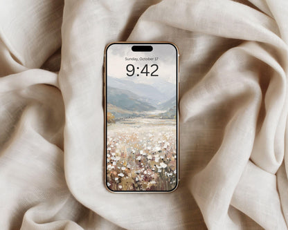 Fall Flowers Phone Wallpaper Set of 2, Floral Landscape iPhone Wallpapers, Vintage Style Samsung Galaxy Phone Background | WPB002