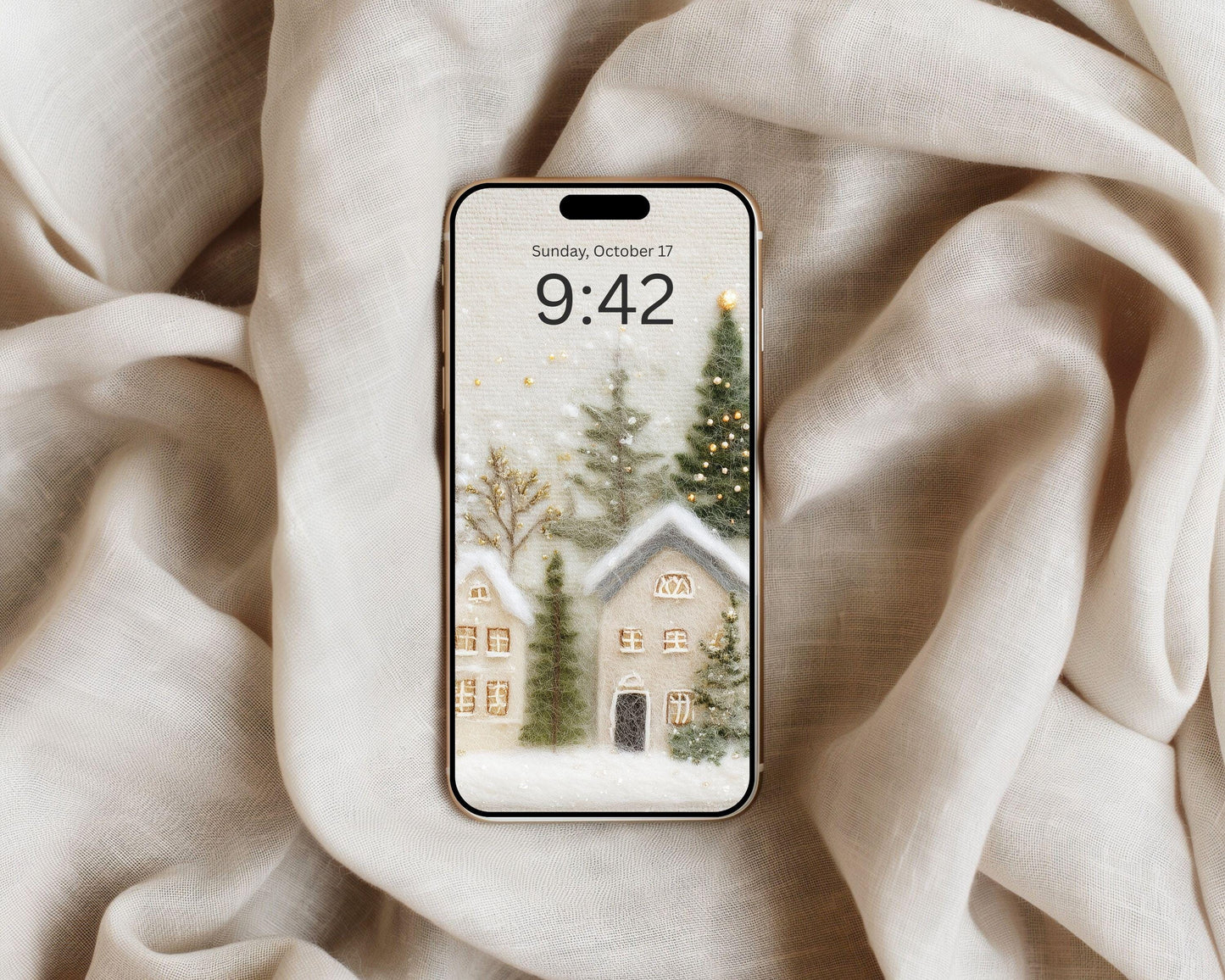 Christmas Phone Wallpaper Set of 2, Cute Felt Style iPhone Wallpapers, Winter Holiday Samsung Galaxy Phone Background | WPB003