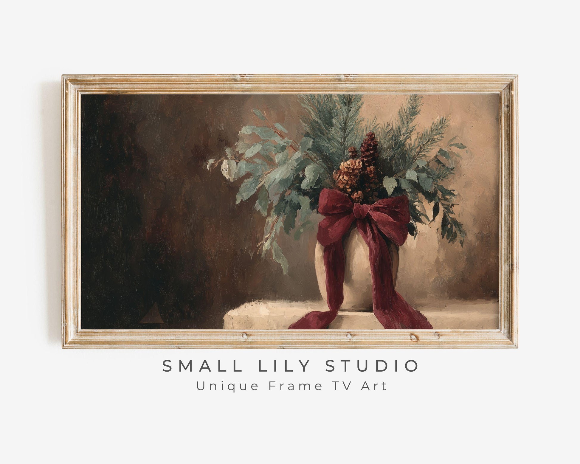 FRAME TV art Festive Botanicals with Burgundy Bow, Samsung Frame TV art Moody Holiday Season Vintage Style Painting | TV1019