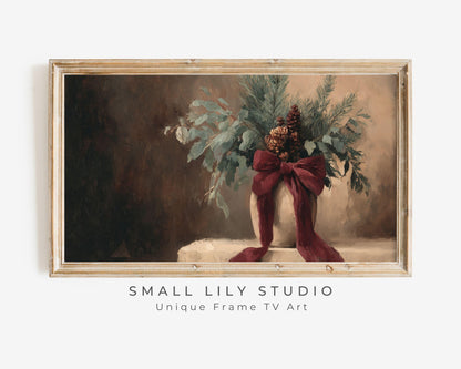 FRAME TV art Festive Botanicals with Burgundy Bow, Samsung Frame TV art Moody Holiday Season Vintage Style Painting | TV1019