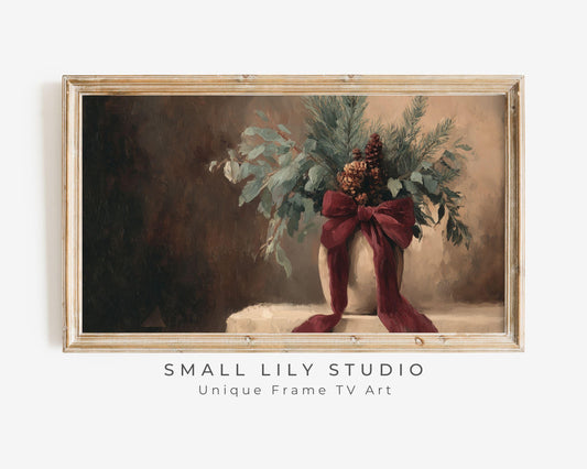 FRAME TV art Festive Botanicals with Burgundy Bow, Samsung Frame TV art Moody Holiday Season Vintage Style Painting | TV1019