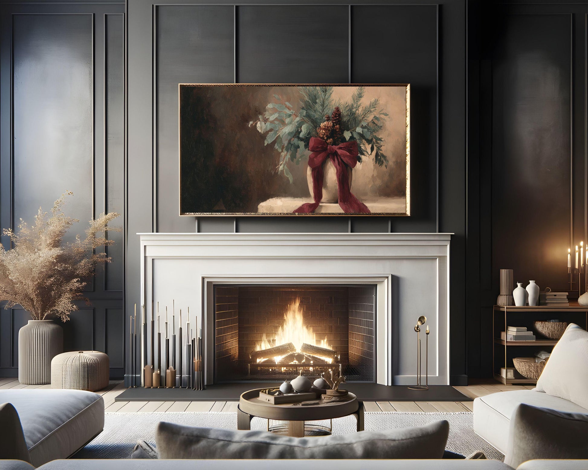 FRAME TV art Festive Botanicals with Burgundy Bow, Samsung Frame TV art Moody Holiday Season Vintage Style Painting | TV1019