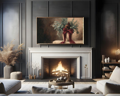 FRAME TV art Festive Botanicals with Burgundy Bow, Samsung Frame TV art Moody Holiday Season Vintage Style Painting | TV1019