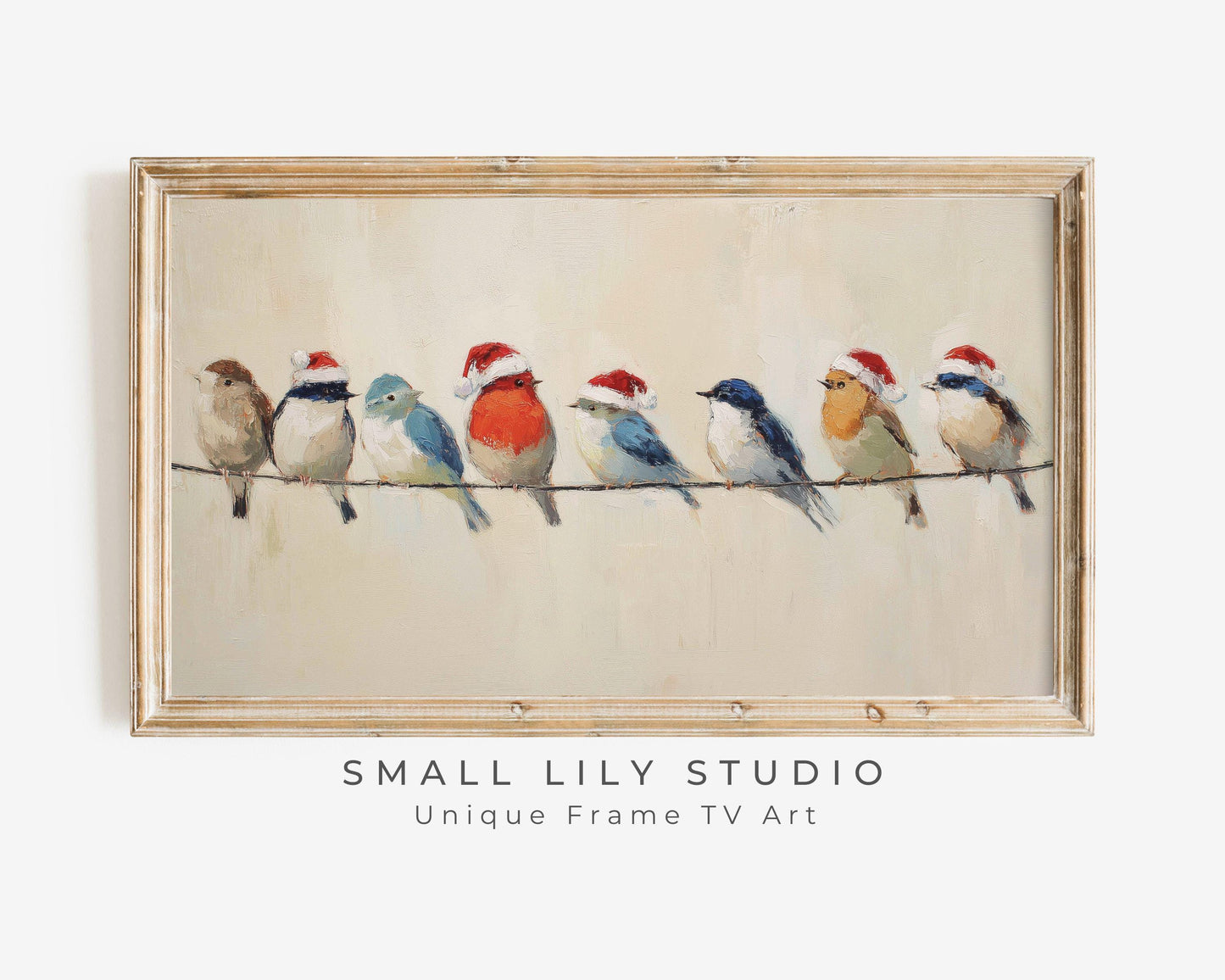 FRAME TV art Colorful Birds in Santa Hats, Samsung Frame TV art Cute Vintage Style Christmas Painting | TV1020