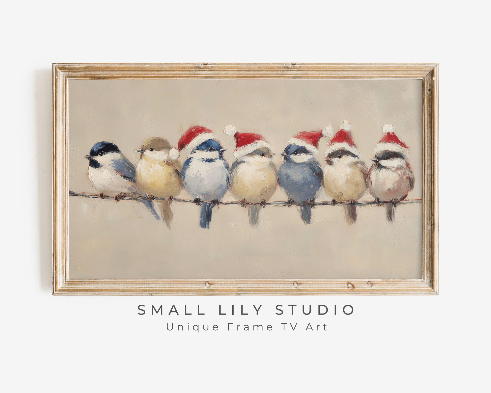 FRAME TV art Birds in Santa Hats, Samsung Frame TV art Cute Vintage Style Christmas Painting | TV1021