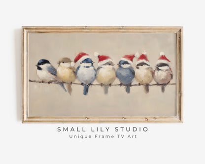 FRAME TV art Birds in Santa Hats, Samsung Frame TV art Cute Vintage Style Christmas Painting | TV1021