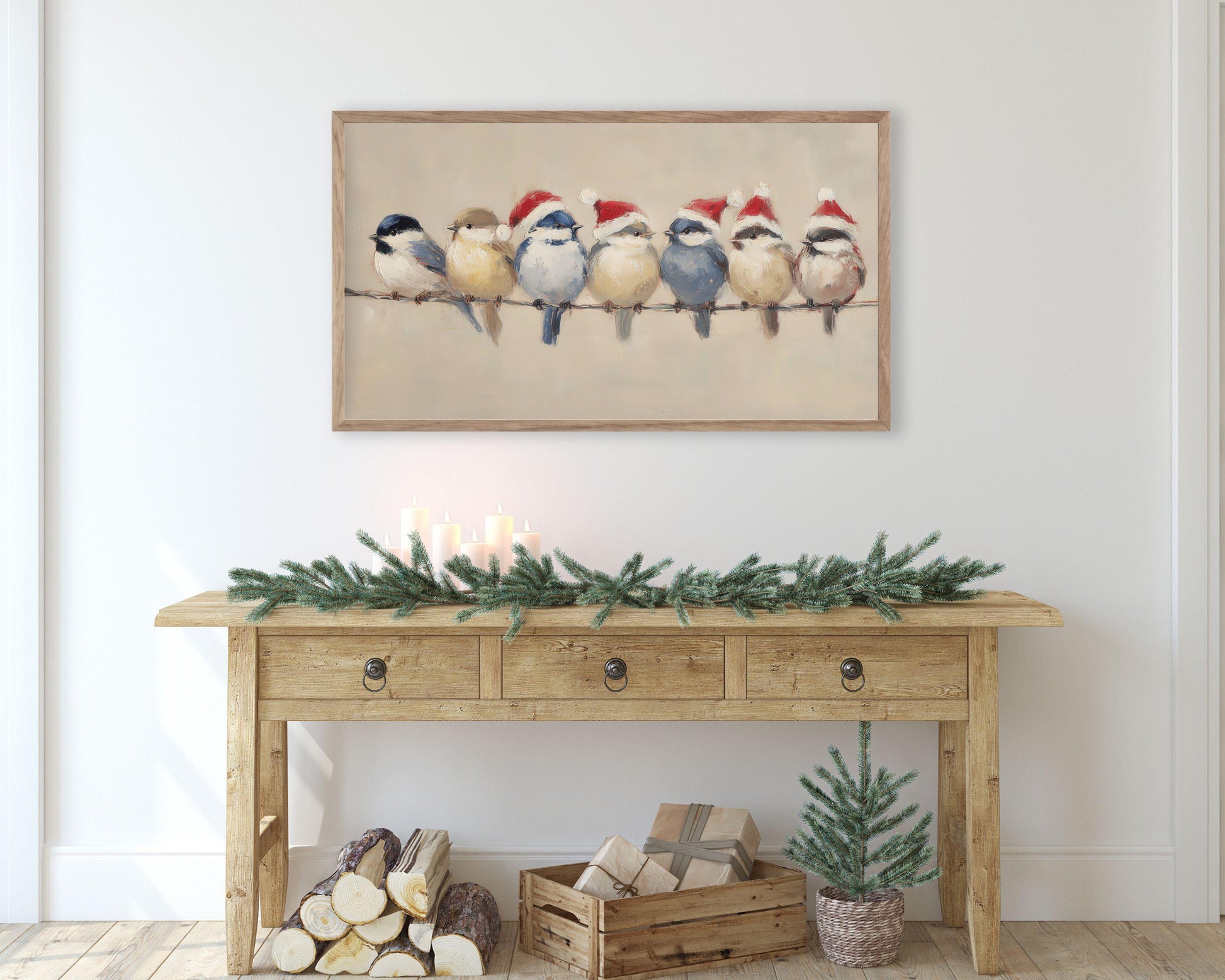 FRAME TV art Birds in Santa Hats, Samsung Frame TV art Cute Vintage Style Christmas Painting | TV1021