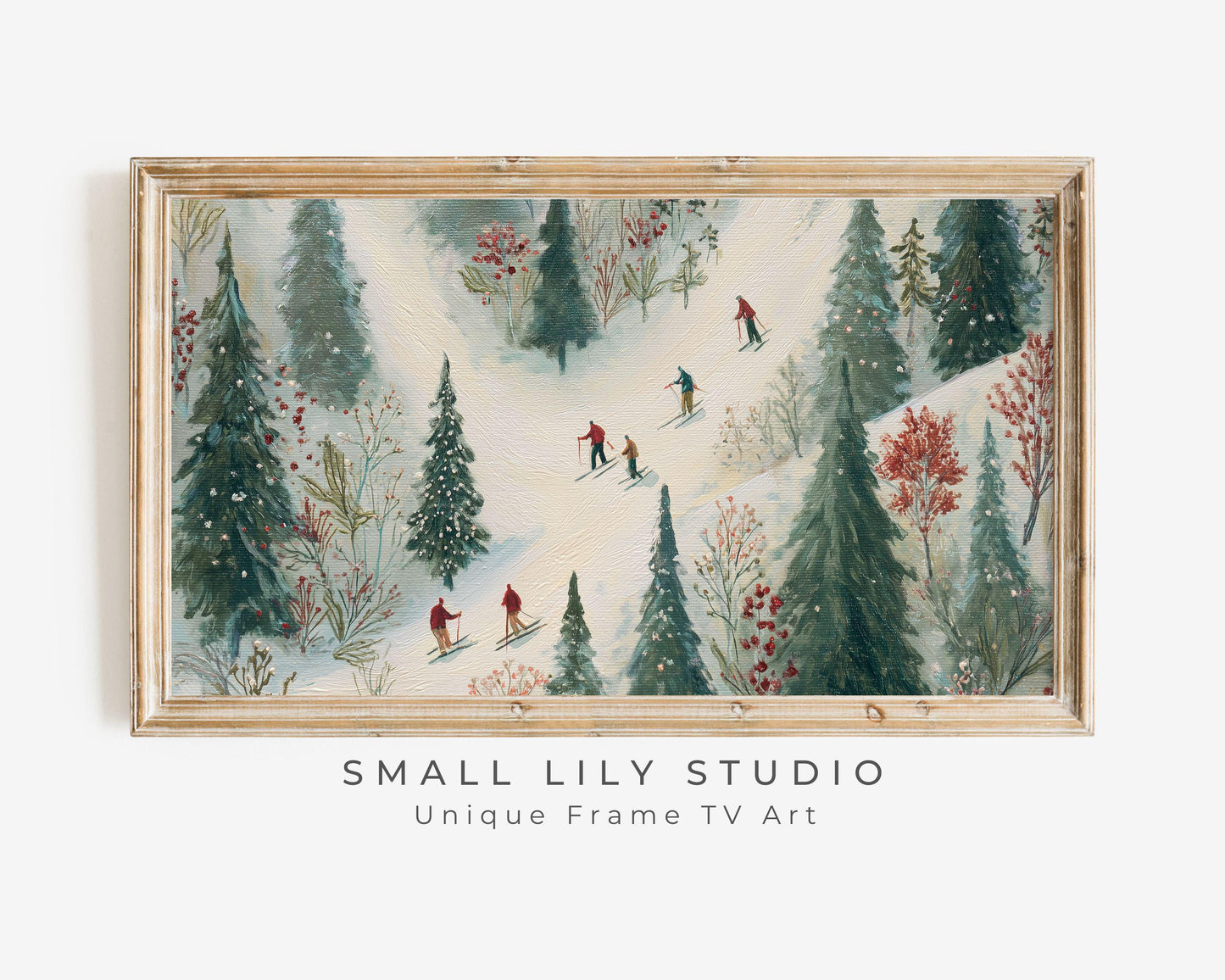FRAME TV art Whimsical Winter Skiing, Samsung Frame TV art Cute Festive Skiers Vintage Style Painting | TV1022