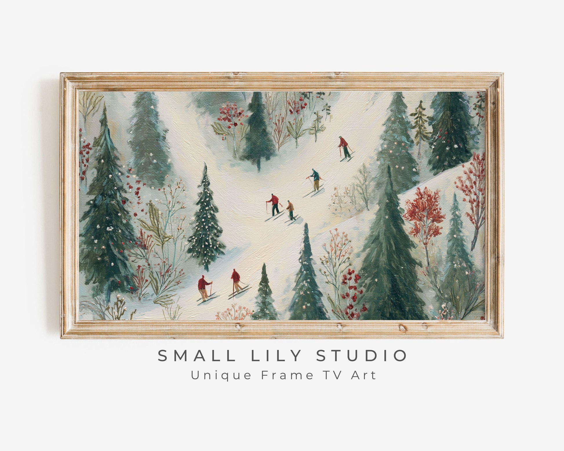 FRAME TV art Whimsical Winter Skiing, Samsung Frame TV art Cute Festive Skiers Vintage Style Painting | TV1022