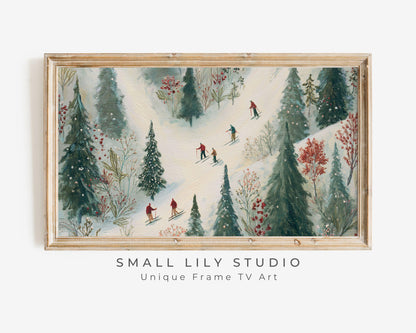 FRAME TV art Whimsical Winter Skiing, Samsung Frame TV art Cute Festive Skiers Vintage Style Painting | TV1022