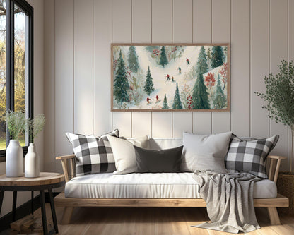 FRAME TV art Whimsical Winter Skiing, Samsung Frame TV art Cute Festive Skiers Vintage Style Painting | TV1022
