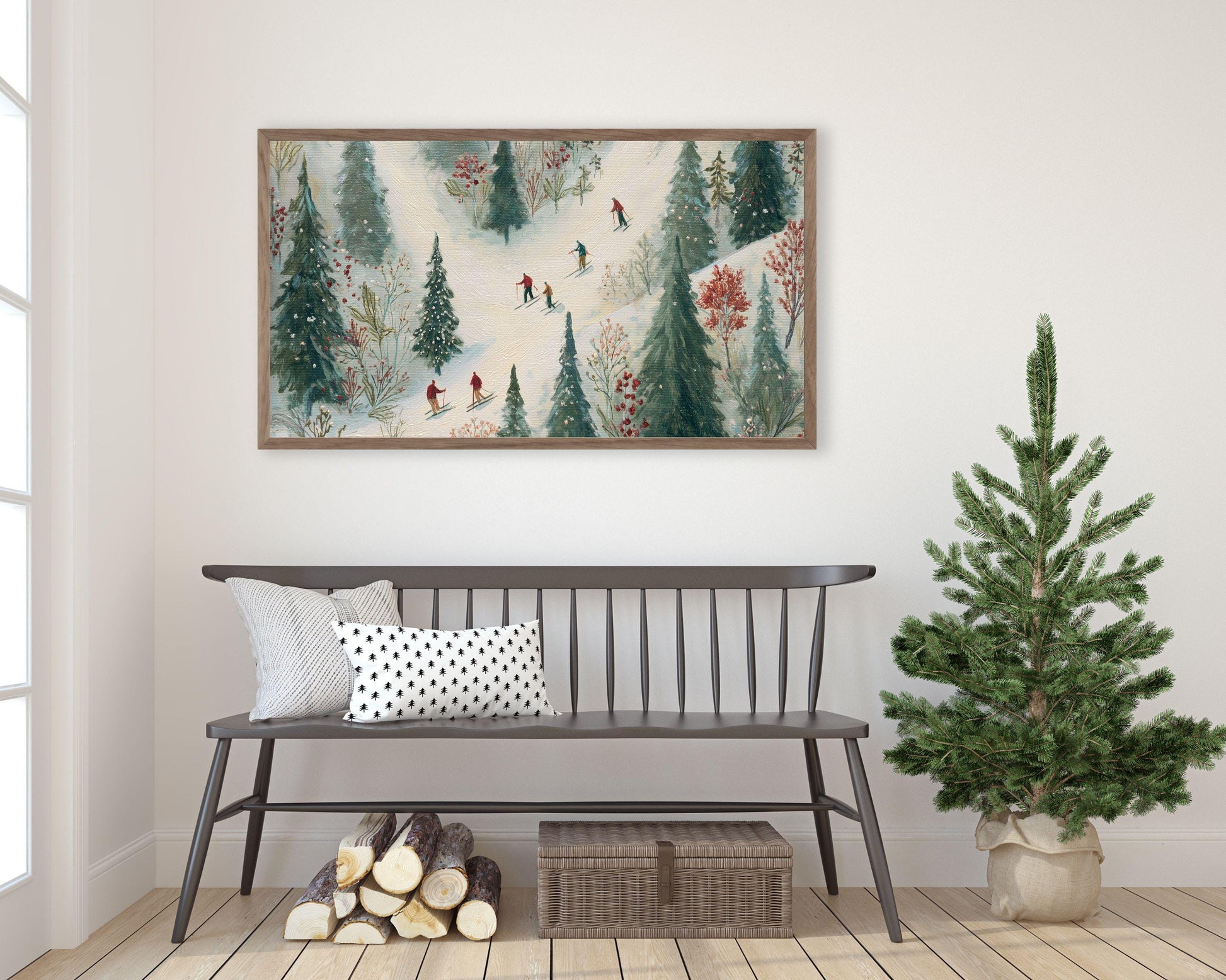 FRAME TV art Whimsical Winter Skiing, Samsung Frame TV art Cute Festive Skiers Vintage Style Painting | TV1022