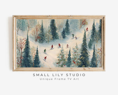 FRAME TV art Winter Skiing, Samsung Frame TV art Cute Festive Skiers Vintage Style Painting | TV1023