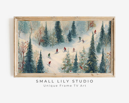 FRAME TV art Winter Skiing, Samsung Frame TV art Cute Festive Skiers Vintage Style Painting | TV1023