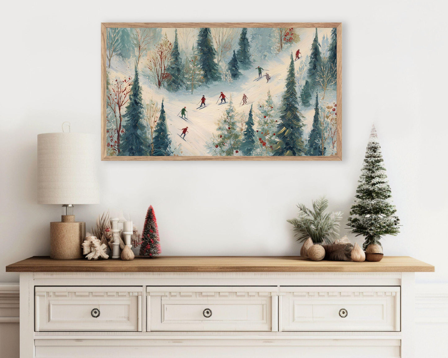 FRAME TV art Winter Skiing, Samsung Frame TV art Cute Festive Skiers Vintage Style Painting | TV1023