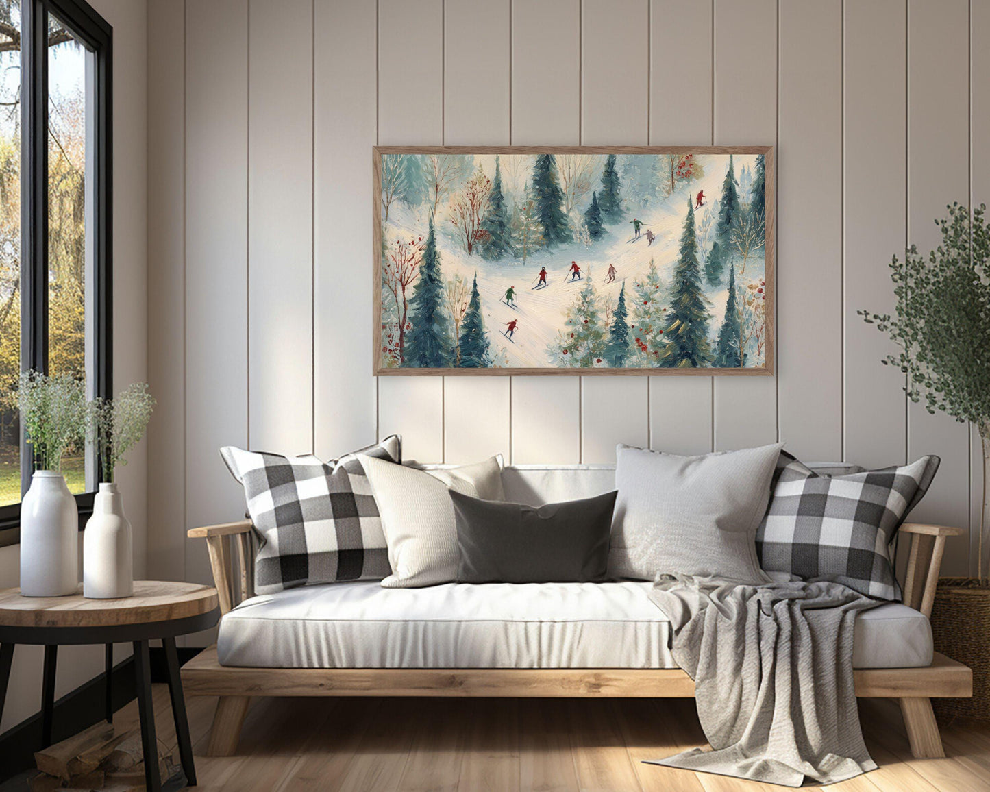 FRAME TV art Winter Skiing, Samsung Frame TV art Cute Festive Skiers Vintage Style Painting | TV1023