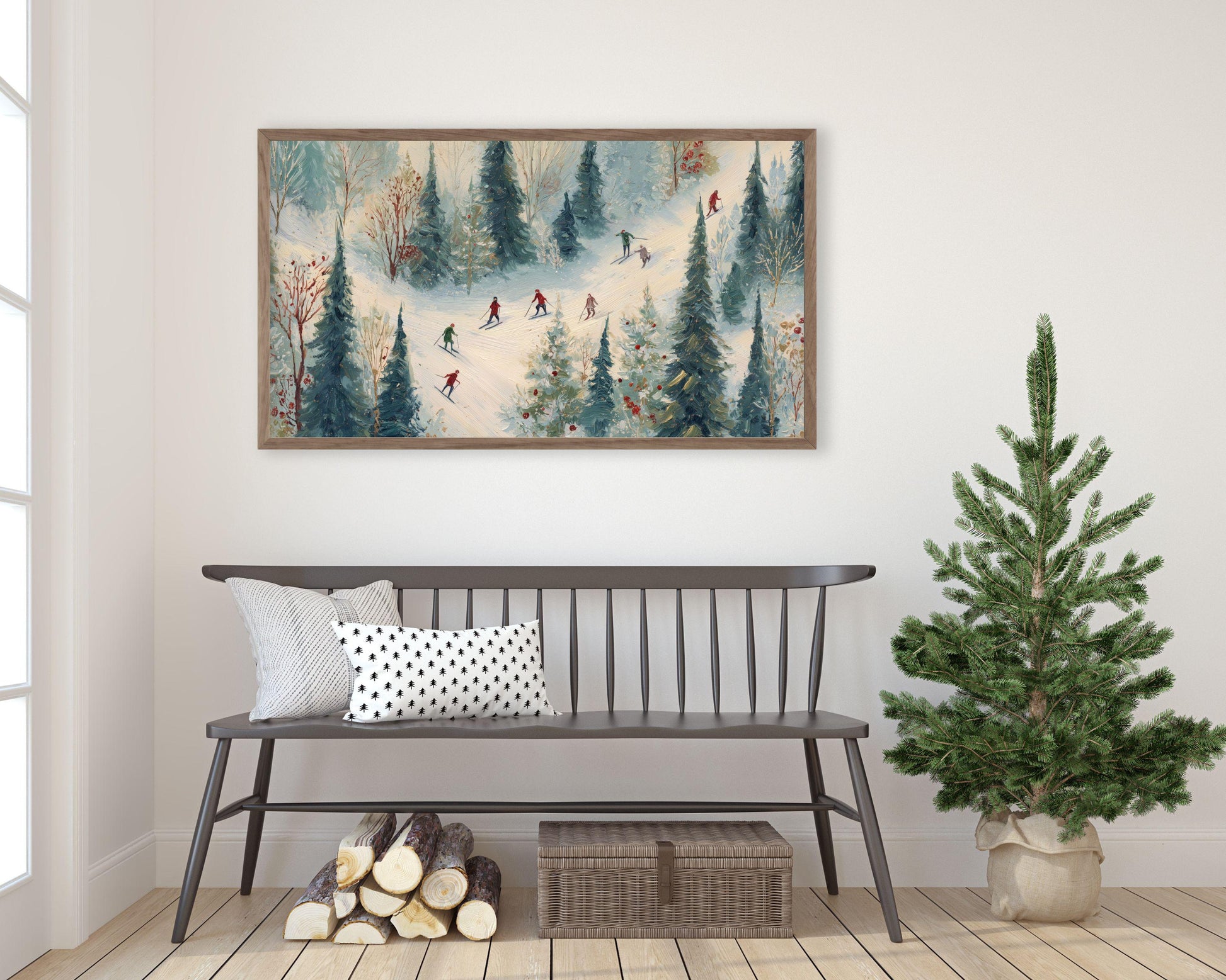 FRAME TV art Winter Skiing, Samsung Frame TV art Cute Festive Skiers Vintage Style Painting | TV1023