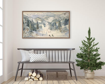 FRAME TV art Skiing in the Alps, Samsung Frame TV art Winter Vintage Style Painting | TV1024