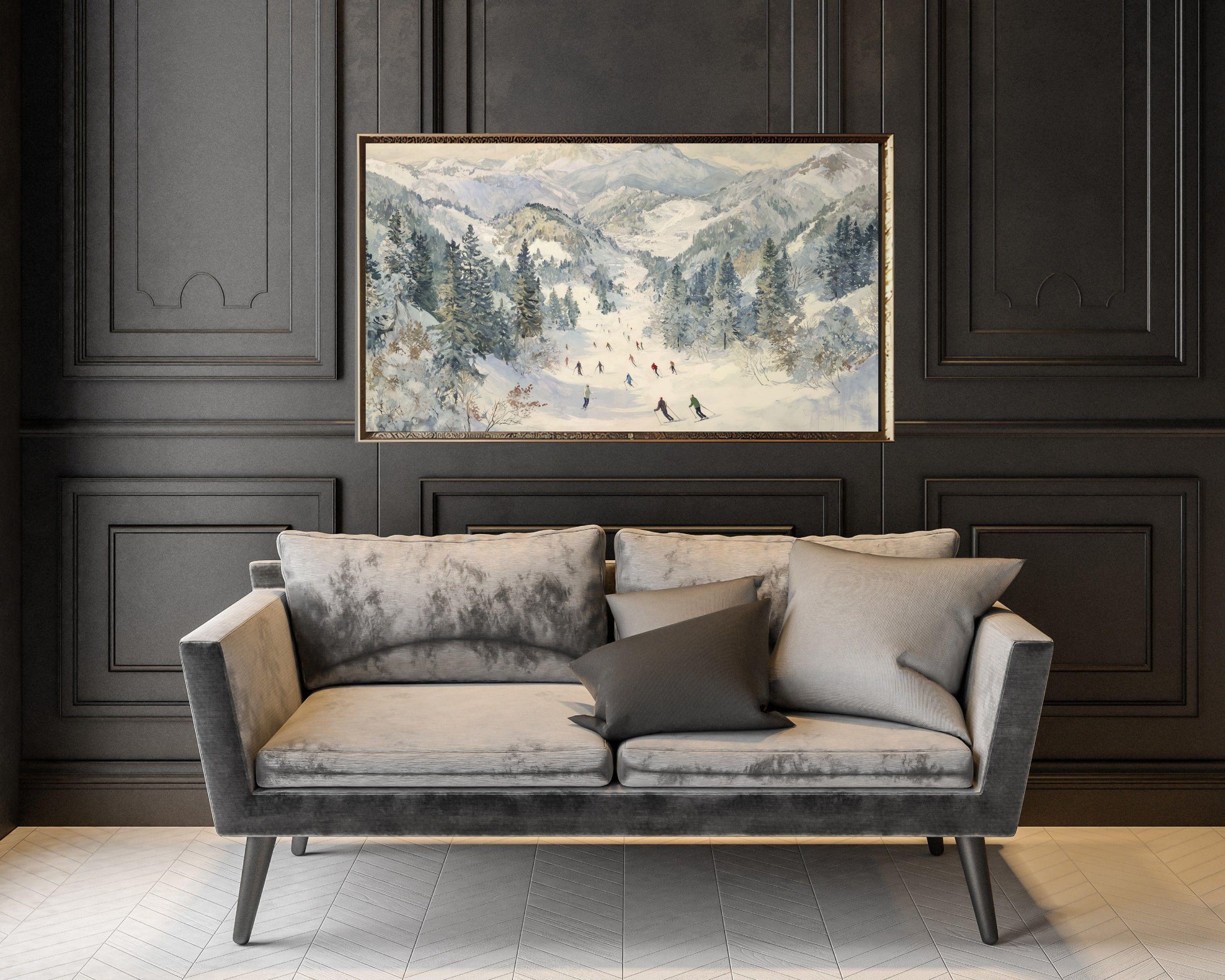 FRAME TV art Skiing in the Alps, Samsung Frame TV art Winter Vintage Style Painting | TV1024