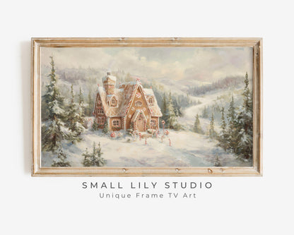 FRAME TV art Gingerbread House in Winter Landscape, Samsung Frame TV Cute Vintage Style Christmas Painting | TV1027