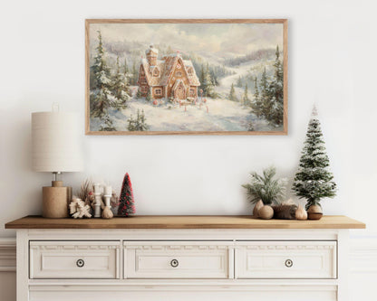 FRAME TV art Gingerbread House in Winter Landscape, Samsung Frame TV Cute Vintage Style Christmas Painting | TV1027