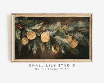 FRAME TV art Orange Garland, Samsung Frame TV art Organic Christmas Vintage Style Painting | TV1041