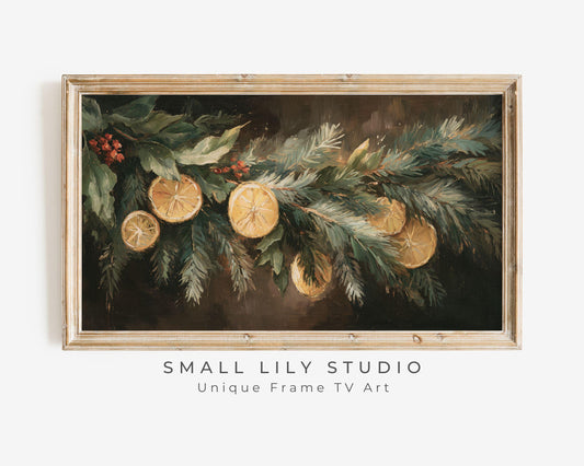 FRAME TV art Orange Garland, Samsung Frame TV art Organic Christmas Vintage Style Painting | TV1041
