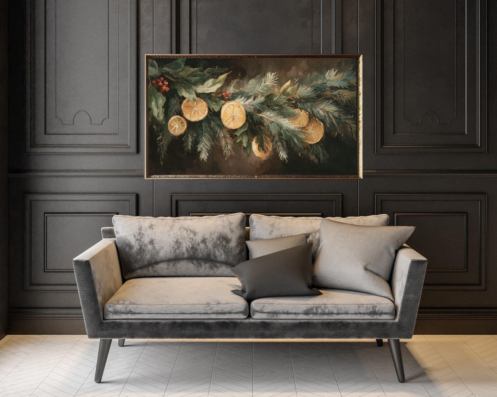 FRAME TV art Orange Garland, Samsung Frame TV art Organic Christmas Vintage Style Painting | TV1041