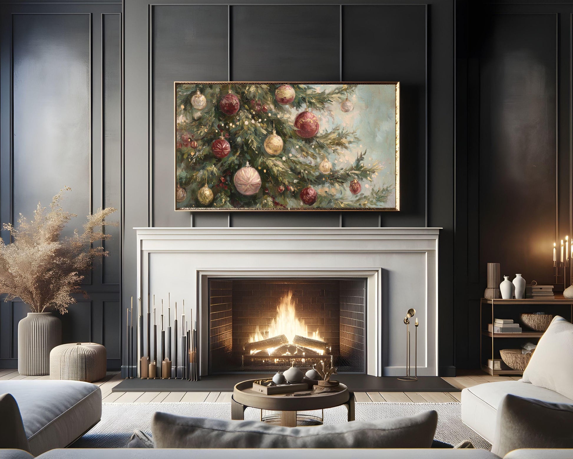 FRAME TV art Burgundy Christmas Tree, Samsung Frame TV art Festive Holiday Vintage Style Painting | TV1042