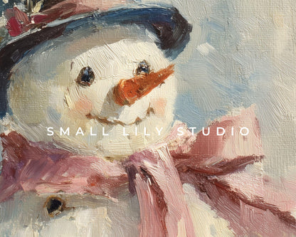 FRAME TV art Cute Snowman with Pink Bow, Samsung Frame TV art Christmas Winter Holiday Vintage Style Painting | TV1043