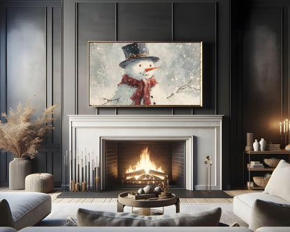 FRAME TV art Cute Snowman with Red Scarf, Samsung Frame TV art Christmas Winter Holiday Vintage Style Painting | TV1044