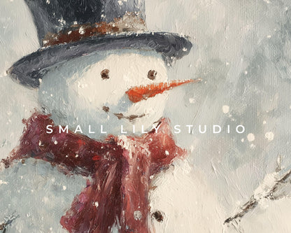 FRAME TV art Cute Snowman with Red Scarf, Samsung Frame TV art Christmas Winter Holiday Vintage Style Painting | TV1044