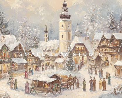 FRAME TV art Bavarian Christmas Village, Samsung Frame TV art Winter Town Vintage Style Painting for the Holidays | TV1047