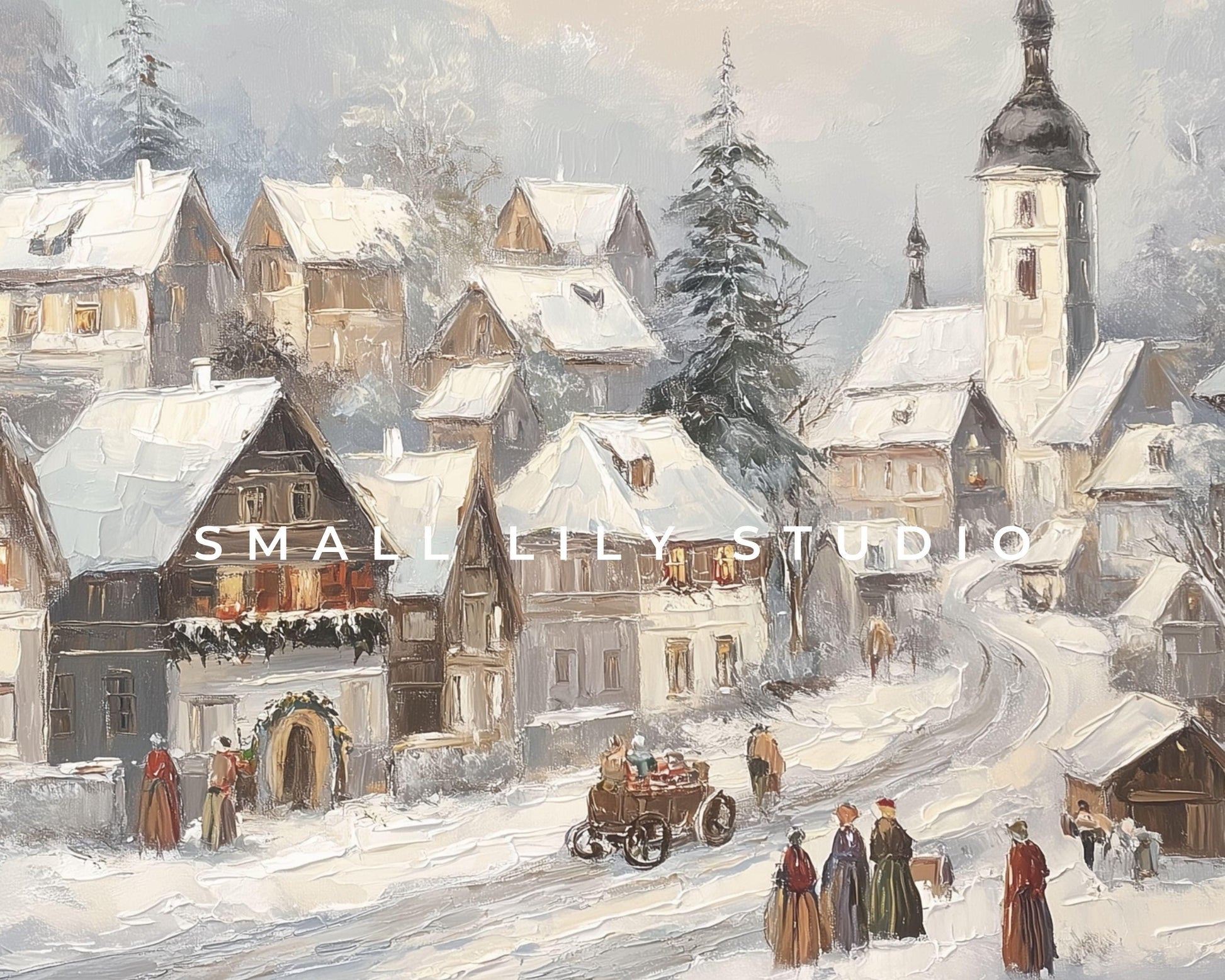 FRAME TV art Bavarian Winter Village, Samsung Frame TV art Vintage Style Christmas Holiday Painting | TV1049