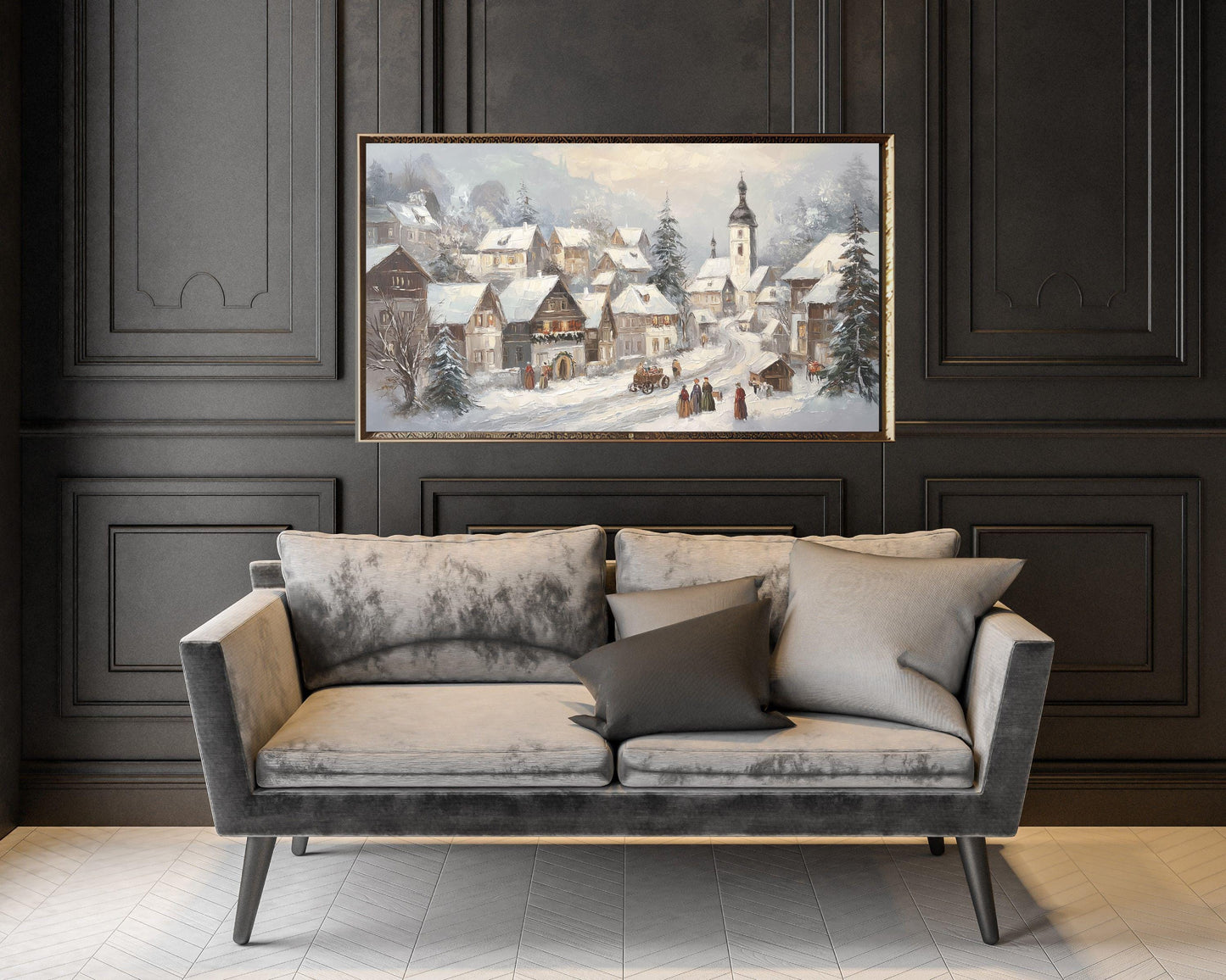 FRAME TV art Bavarian Winter Village, Samsung Frame TV art Vintage Style Christmas Holiday Painting | TV1049
