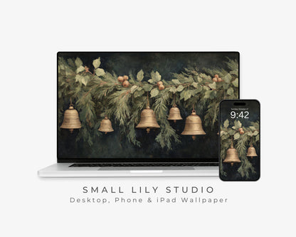 Christmas Bells Desktop Wallpaper Set, Holiday Season Phone Wallpaper, Moody Festive iPhone Wallpaper, Aesthetic iPad Background | WS139