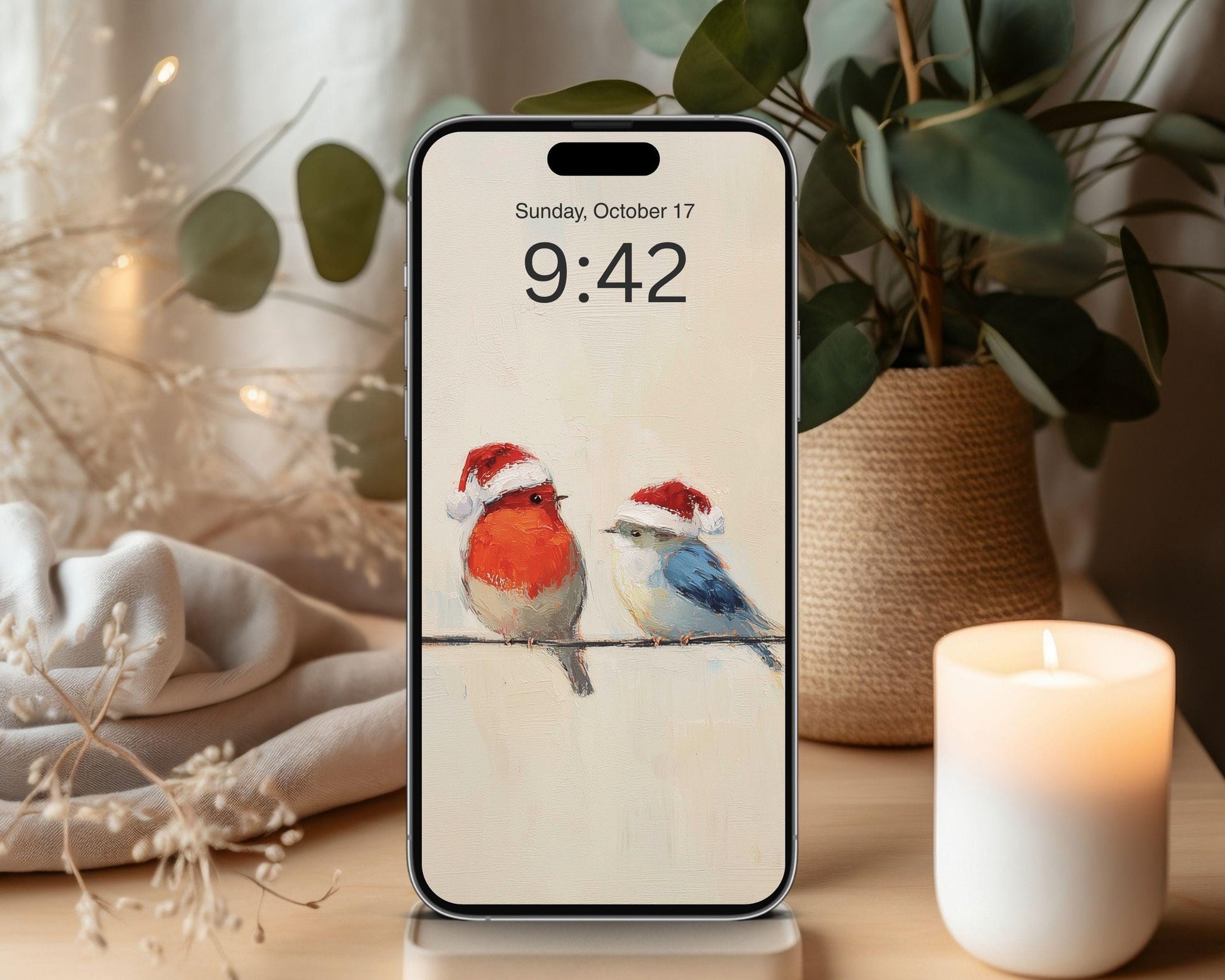 Birds in Santa Hats Desktop Wallpaper Set, Christmas Phone Wallpaper, Holiday iPhone Wallpaper, iPad Background Vintage Style | WS141